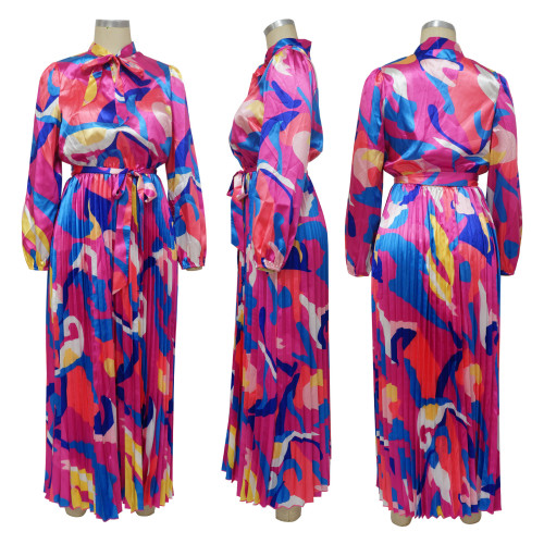 Lace up long sleeved printed pleated dress