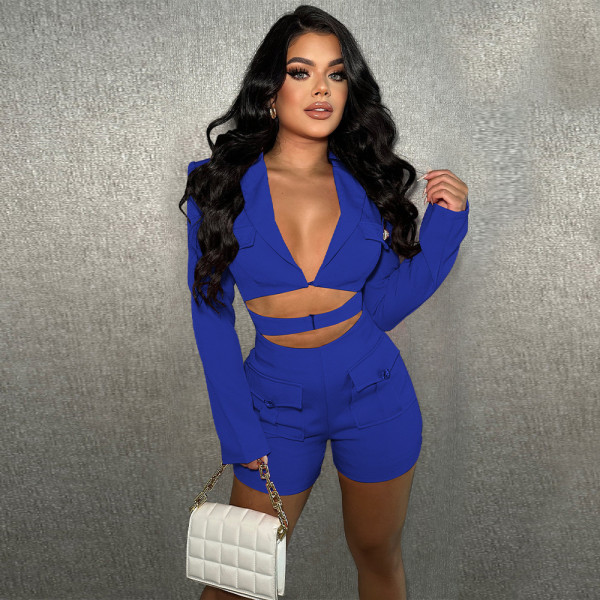 Fashionable women's pocket sexy deep V solid color jumpsuit