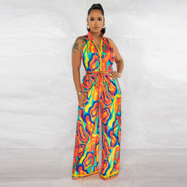 Printed sleeveless V-neck wide leg jumpsuit