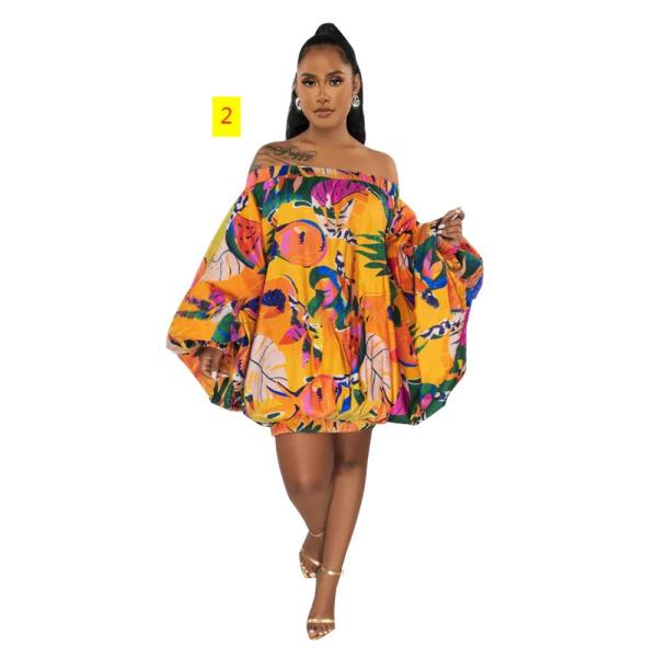 Off shoulder printed short skirt bat sleeve dress