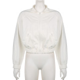 Women's Solid Color Simple Basic Half High Neck Zipper Loose Long Sleeve Short Woven Coat