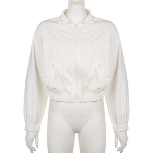 Women's Solid Color Simple Basic Half High Neck Zipper Loose Long Sleeve Short Woven Coat