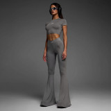 Basic solid color minimalist pullover with exposed navel T-shirt, high waisted micro flared pants, casual sports yoga two-piece set