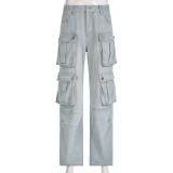 High waisted zipper split panel multi pocket straight tube loose fitting street fashion denim pants