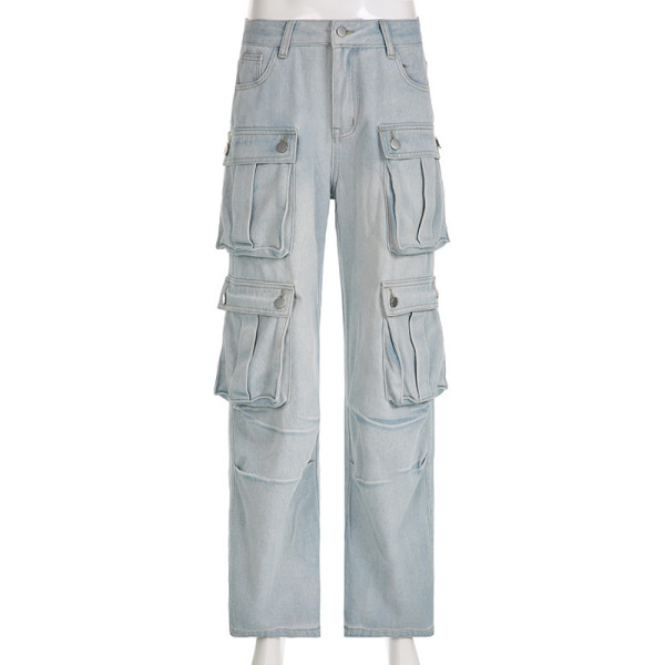 High waisted zipper split panel multi pocket straight tube loose fitting street fashion denim pants