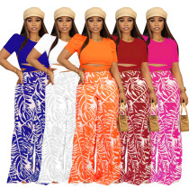 Round neck waist printed wide leg pants casual set