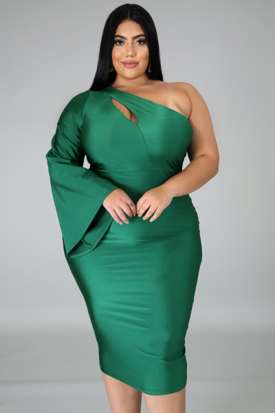 Women's diagonal shoulder long short sleeved slim fitting strapping dress