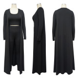 Long sleeved coat, U-neck vest, pencil pants, solid color three piece set
