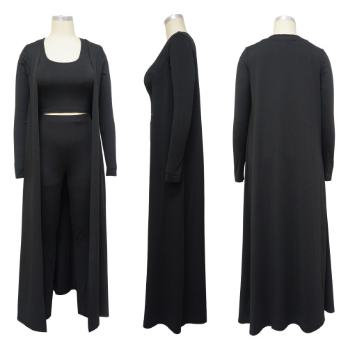 Long sleeved coat, U-neck vest, pencil pants, solid color three piece set