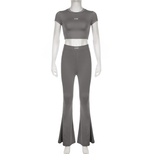 Basic solid color minimalist pullover with exposed navel T-shirt, high waisted micro flared pants, casual sports yoga two-piece set