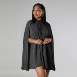 Solid color pleated shawl sleeve dress