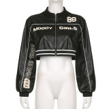 Letter stitching color contrast round neck zipper loose long sleeved short cardigan PU leather jacket