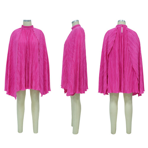 Solid color pleated shawl sleeve dress