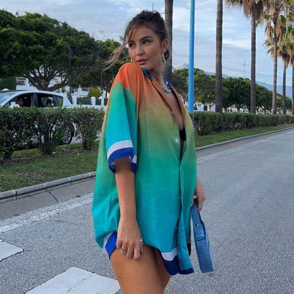 Women's gradient striped patchwork contrast printed lapel single breasted loose casual vacation shirt