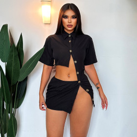 Women's solid color lapel single breasted stitching with exposed navel and split design features a loose and fashionable dress short skirt