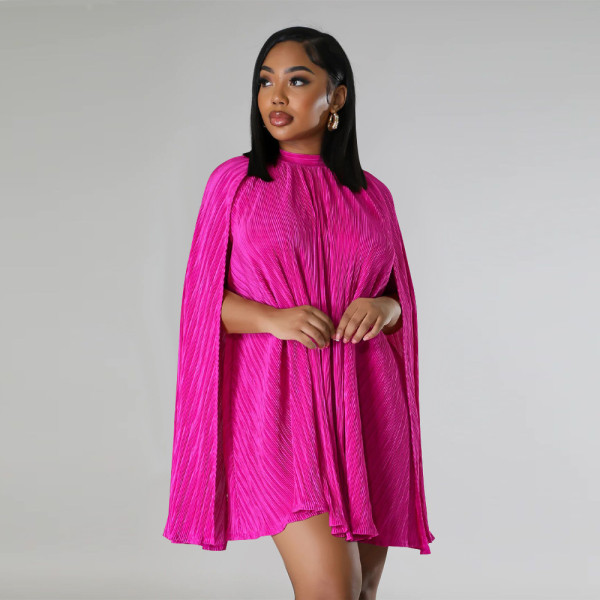 Solid color pleated shawl sleeve dress