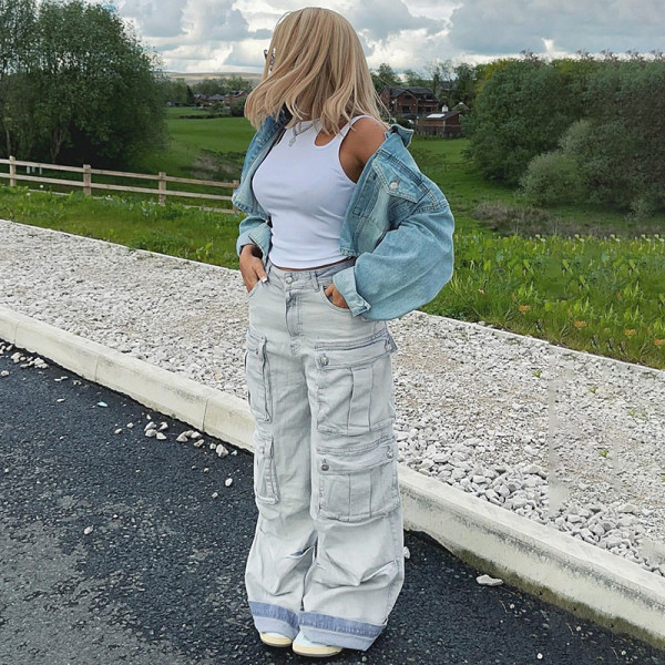 Women's high waisted zipper with multiple pockets, heavy industry trend, fashionable straight tube loose fitting work clothes, retro color denim pants