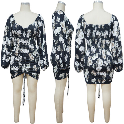 Women's pleated long sleeved tied print dress