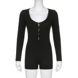 Women's solid color simple round neck long sleeved hollowed out tight and slimming basic fashion jumpsuit shorts