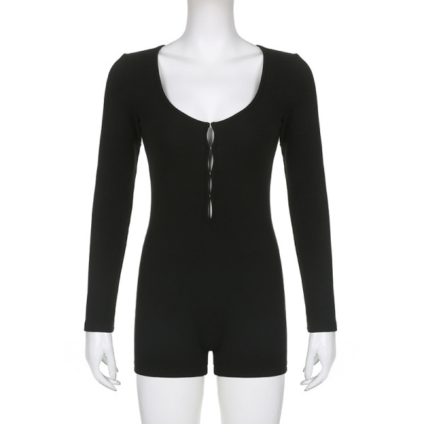 Women's solid color simple round neck long sleeved hollowed out tight and slimming basic fashion jumpsuit shorts