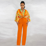 V-neck printed top solid straight leg pants set