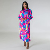 Lace up long sleeved printed pleated dress