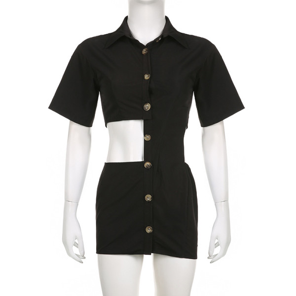 Women's solid color lapel single breasted stitching with exposed navel and split design features a loose and fashionable dress short skirt