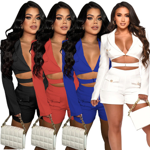 Fashionable women's pocket sexy deep V solid color jumpsuit