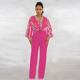 V-neck printed top solid straight leg pants set