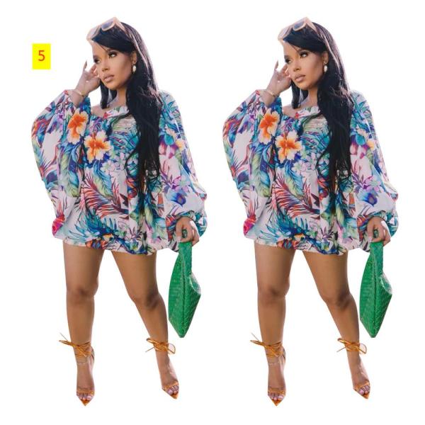 Off shoulder printed short skirt bat sleeve dress