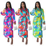 Lace up long sleeved printed pleated dress