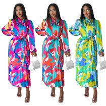 Lace up long sleeved printed pleated dress