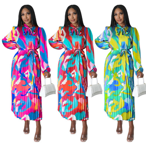 Lace up long sleeved printed pleated dress