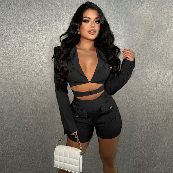 Fashionable women's pocket sexy deep V solid color jumpsuit