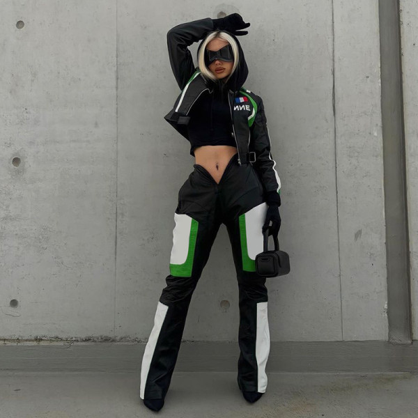Women's PU leather stitching with contrasting high waisted V-head slim fitting straight tube fashionable motorcycle street pants