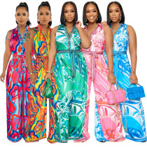 Printed sleeveless V-neck wide leg jumpsuit