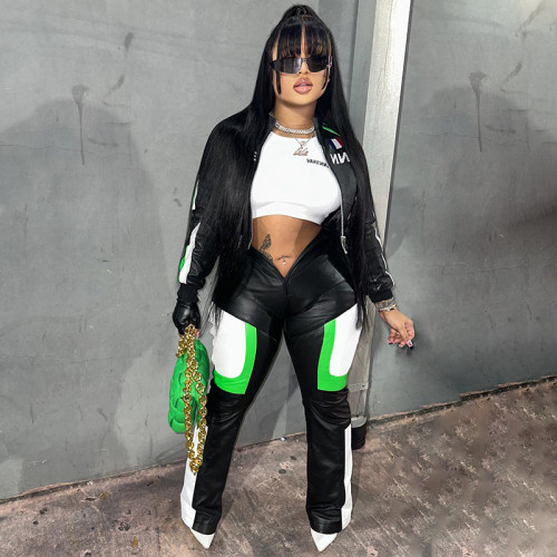 Women's PU leather stitching with contrasting high waisted V-head slim fitting straight tube fashionable motorcycle street pants