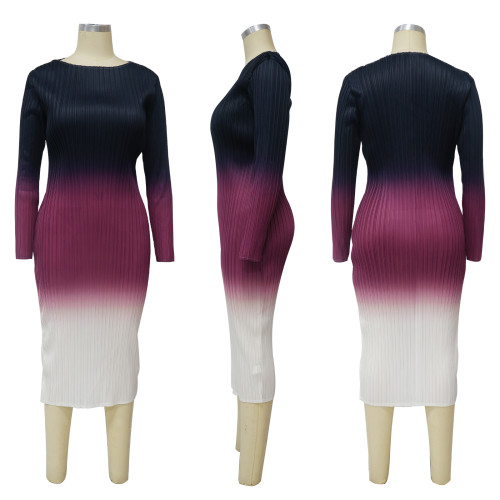 Gradient positioning printed long sleeved pleated dress