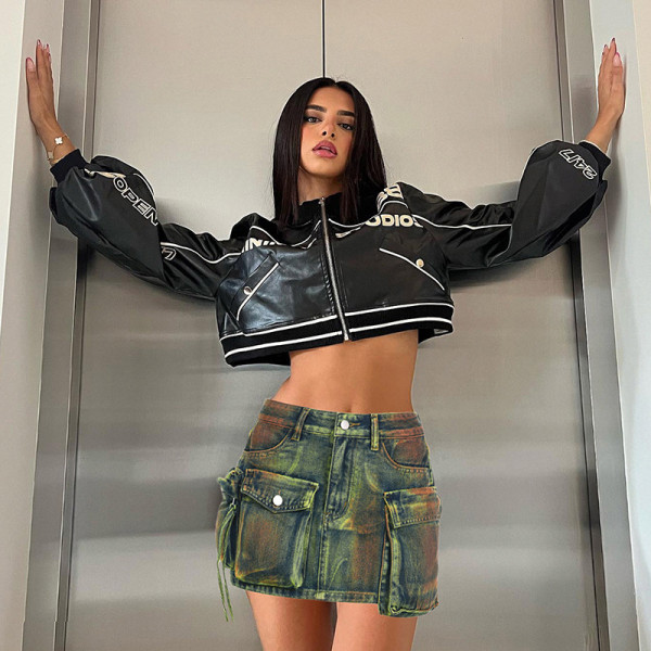 Letter stitching color contrast round neck zipper loose long sleeved short cardigan PU leather jacket