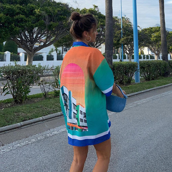 Women's gradient striped patchwork contrast printed lapel single breasted loose casual vacation shirt