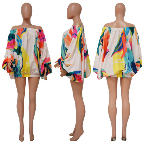 Off shoulder printed short skirt bat sleeve dress