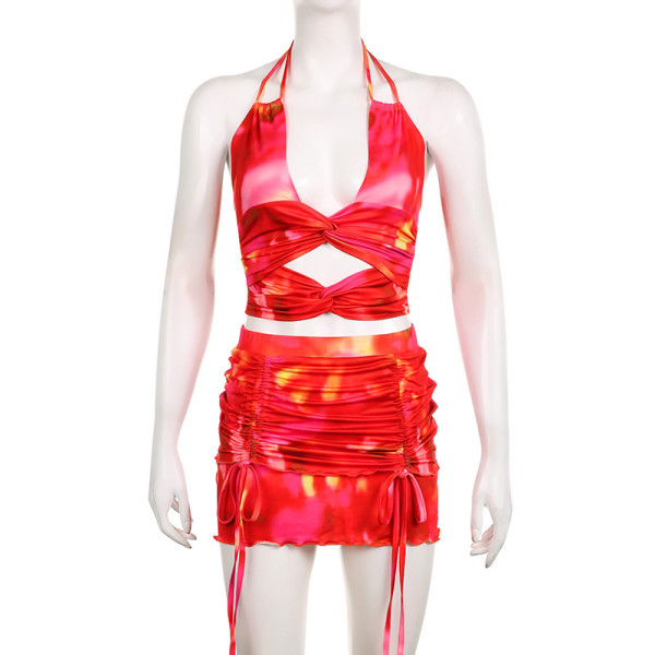 Tie Dyed Print Deep V Hanging Neck Open Back Twisted Open Umbilium Chest High Waist Drawstring Half Body Short Skirt Set