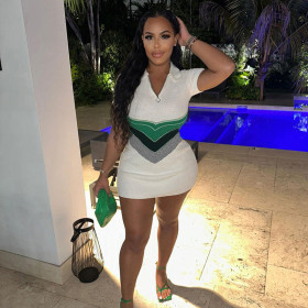 Stripe patchwork contrasting POLO neck short sleeved pullover with tight fit and buttocks, basic sexy woolen knit jumpsuit short skirt