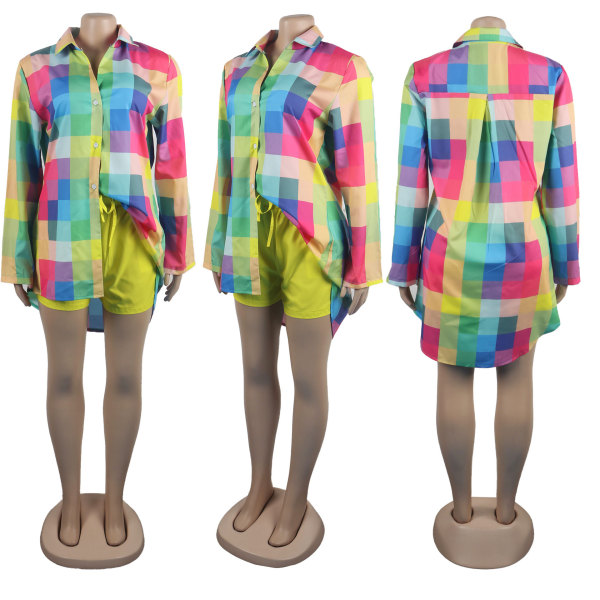 Sexy printed color printed long sleeved shirt and shorts two-piece set