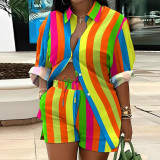 Sexy printed color printed long sleeved shirt and shorts two-piece set