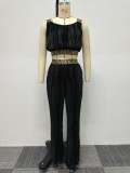 Slim fitting pleated patchwork webbing solid color high waisted wide leg two-piece set