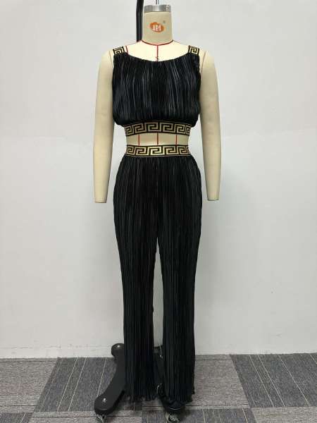 Slim fitting pleated patchwork webbing solid color high waisted wide leg two-piece set