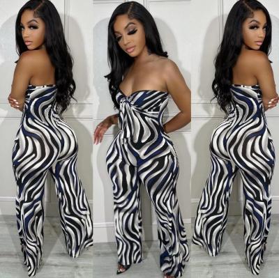 Sexy printed hanging neck strap printed elastic micro flared sleeveless jumpsuit