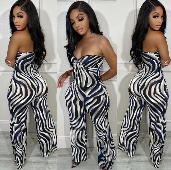 Sexy printed hanging neck strap printed elastic micro flared sleeveless jumpsuit