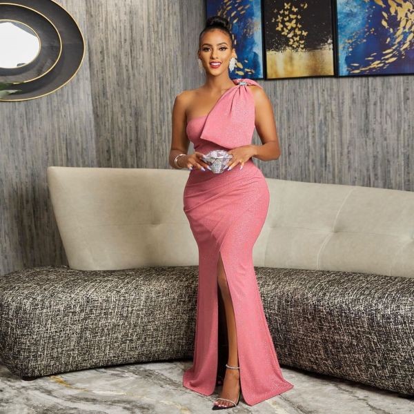 Sexy Slim Fit Solid Color Powdered Hot Diamond Split Floor Dragging Bow Tie Dress